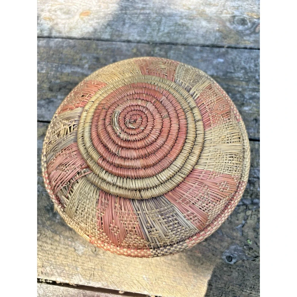 Beautiful Handmade Boho Style Vintage Handwoven Spiral Basket Colorful Old Pink